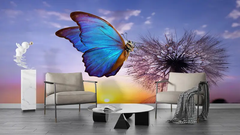 Bedruckte Tapete: Rainbow Butterfly & Nature's Beauty Sunset View