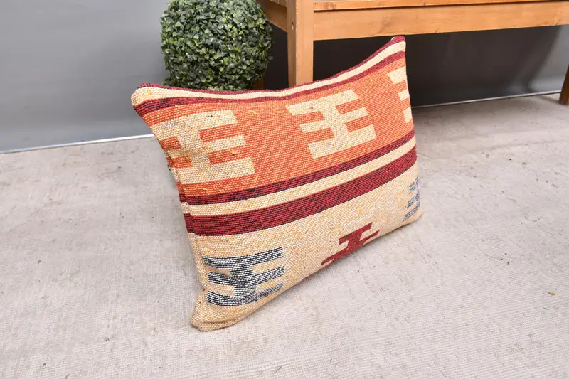 Kilim Pillow, Throw Kilim Pillow, Pillow Case, Vintage Kilim Throw Pillow, Sustainable Cushion, Toss Pillow Case, 16x24 Orange Pillow Sham - 7
