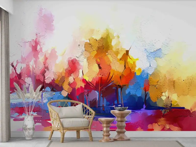 Moderne abstrakte Waldtapete: Bedruckte, farbenfrohe Herbstnatur