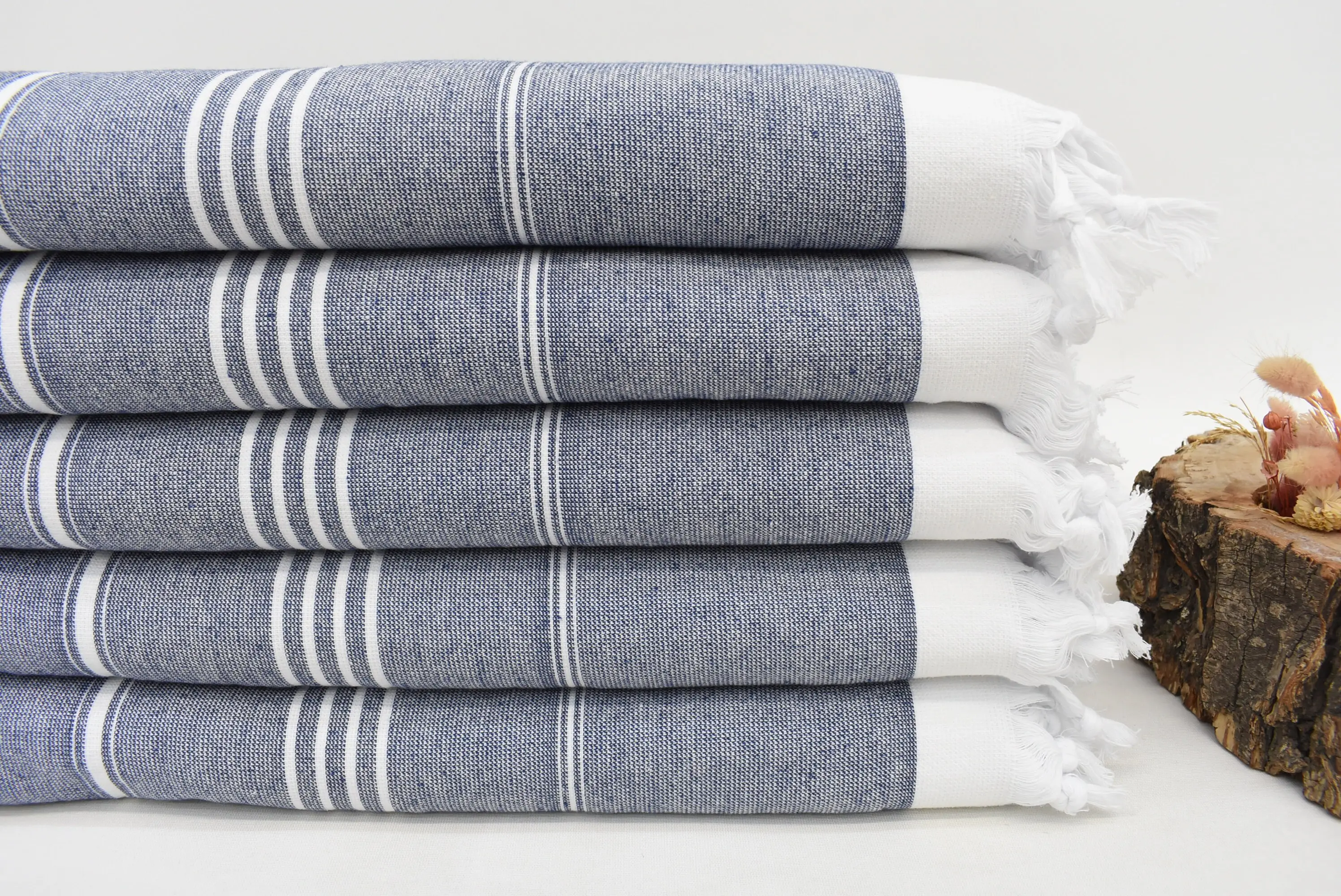 Wedding Towel Handwoven Terry Blue Navy White Striped, 70x36 Inches - 1