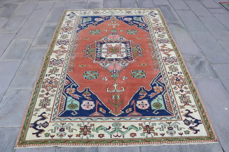 5x7.8 ft Rug, Turkish Vintage Rug, Red Oushak Wool Rug - 1