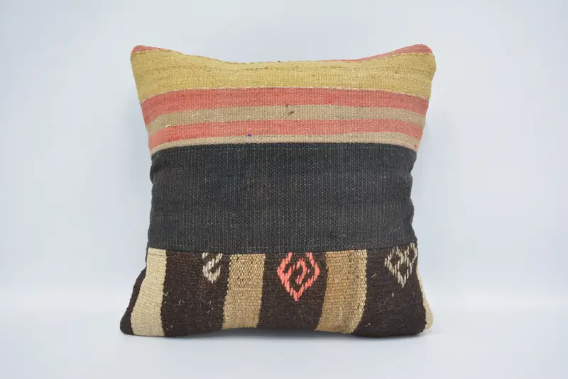 Pillow for Sofa, 16x16 Brown Pillow, Pillow Cover, Yoga Cushion Cover, Outdoor Cushion Case, Pillow for Couch, Ethnical Kilim Rug Pillow - 1