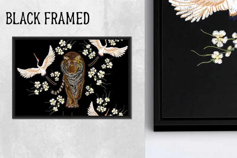 Lienzo floral moderno con grulla tigre: impresión de arte japonés de moda