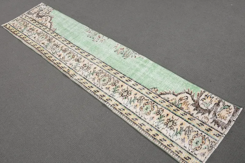 Turkish Runner Rug 1.6x7.2 ft, Vintage Oushak Green Solid Wool Rug - 1
