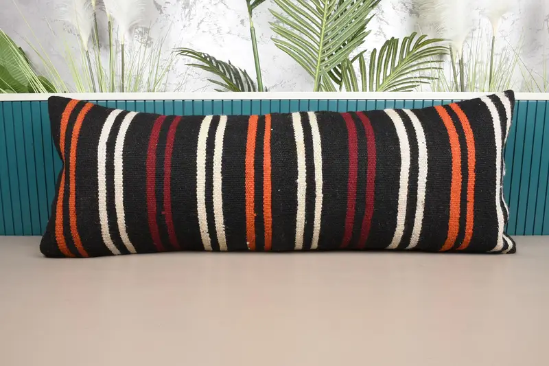 Rot & Orange gestreiftes Leinenkissen, Vintage besticktes Kissen