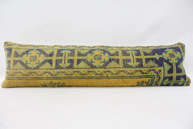 Cushion, Vintage Kilim Pillow, 12x48 Yellow Cushion, Ethnical Kilim Rug Pillow, Boho Chic Cushion, Patio Cushion Case, Boho Pillow Sham Cover - 1