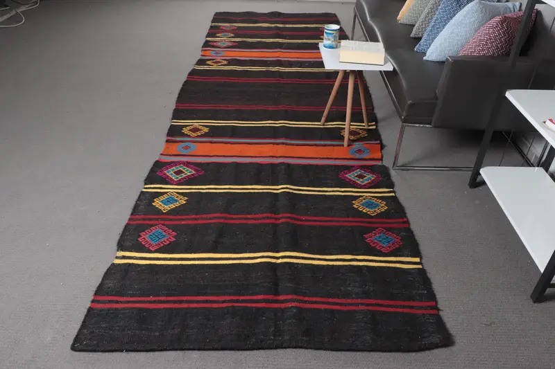 Türk Vintage Runner Halısı 3.9x12.7 ft, Kilim Siyah Yün Halı - 1
