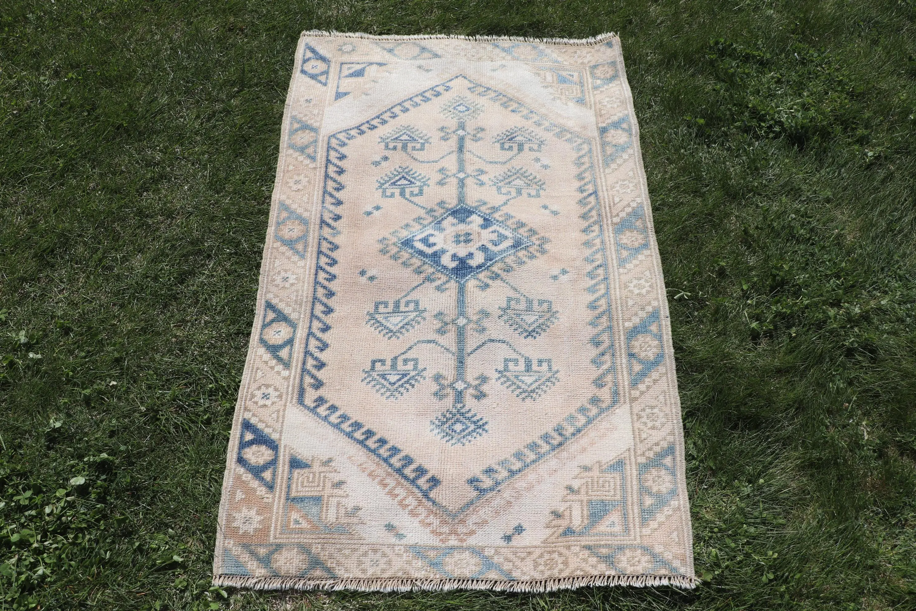 Turkish 2.5x4 ft Rug, Small Vintage Rug, Blue White Striped Wool Rug - 1