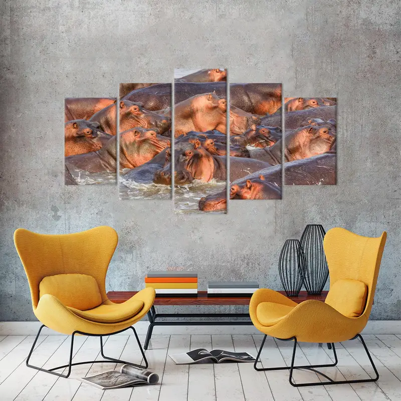 Arte de pared de hipopótamos, decoración de lona de vida silvestre, arte de pared de loft, cueva de hombre, arte de animales salvajes, arte colgante de pared, regalo de amantes de los animales, arte de pared de lona - 2