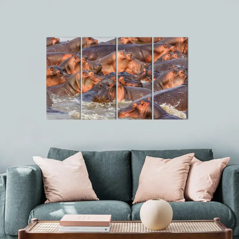 Arte de pared de hipopótamos, decoración de lona de vida silvestre, arte de pared de loft, cueva de hombre, arte de animales salvajes, arte colgante de pared, regalo de amantes de los animales, arte de pared de lona - 10