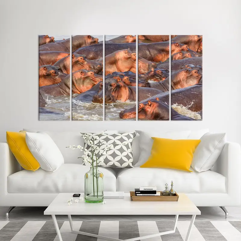 Arte de pared de hipopótamos, decoración de lona de vida silvestre, arte de pared de loft, cueva de hombre, arte de animales salvajes, arte colgante de pared, regalo de amantes de los animales, arte de pared de lona - 1