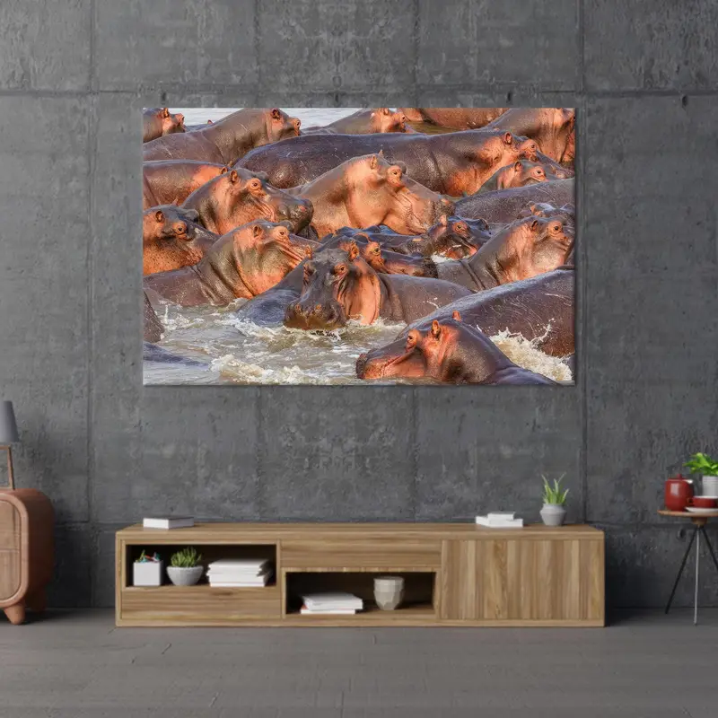 Arte de pared de hipopótamos, decoración de lona de vida silvestre, arte de pared de loft, cueva de hombre, arte de animales salvajes, arte colgante de pared, regalo de amantes de los animales, arte de pared de lona - 8