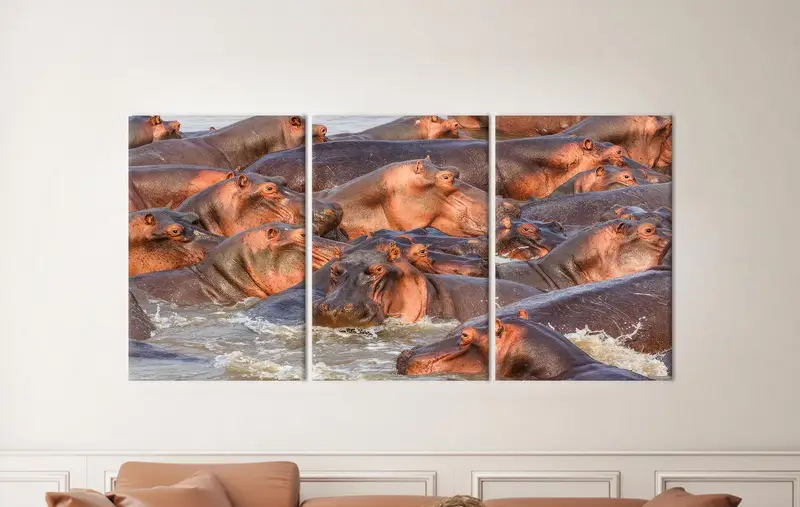 Arte de pared de hipopótamos, decoración de lona de vida silvestre, arte de pared de loft, cueva de hombre, arte de animales salvajes, arte colgante de pared, regalo de amantes de los animales, arte de pared de lona - 9