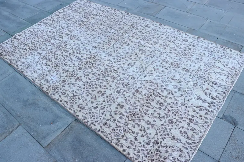 Turkish Rug, Area 4.6x7.6 ft Vintage Rug, White Brown Moroccan Wool Rug - 1