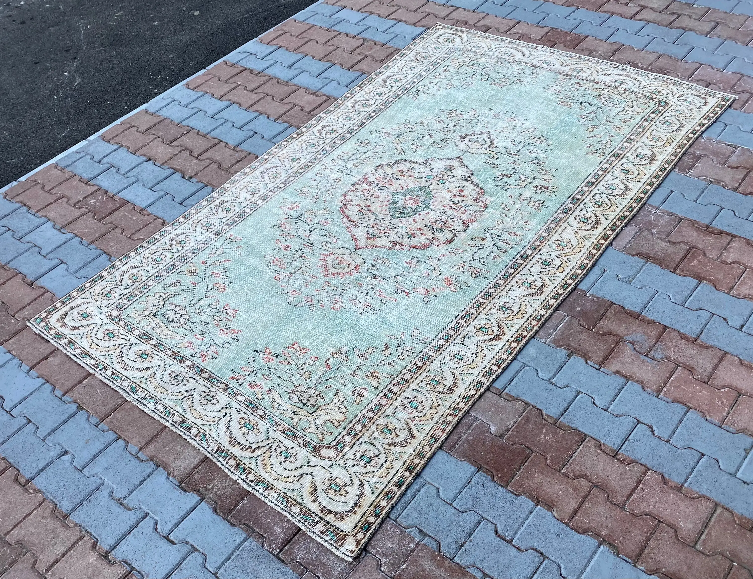 Turkish Vintage Large Rug 5.3x9.2 ft, Blue Green Floral Wool Rug - 1