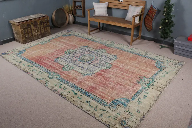 6.5x9.9 ft Rug, Vintage Turkish Rug, Red Floral Wool Rug - 1