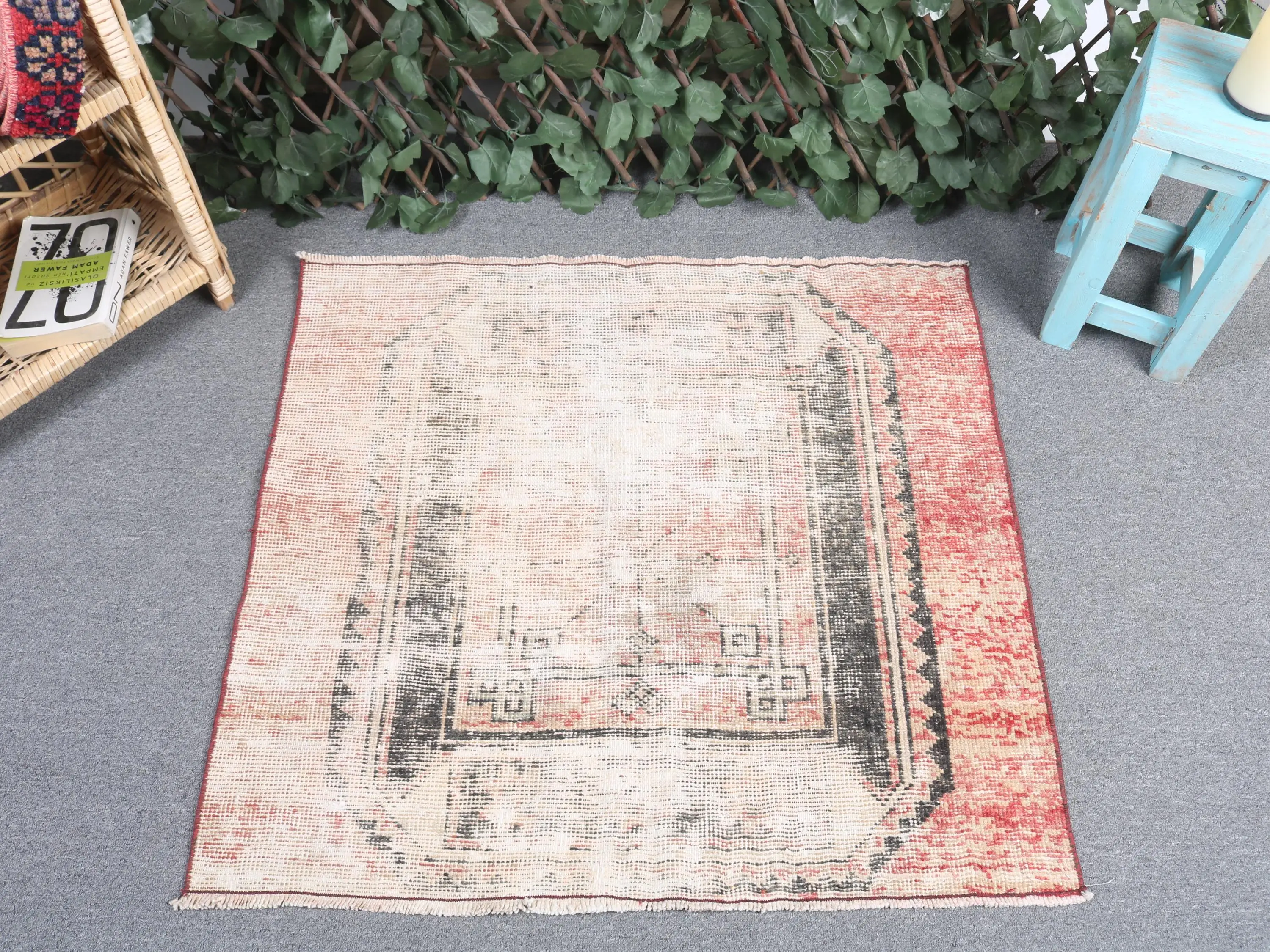 3x2.7 ft Rug, Turkish Vintage Rug, Red Black Floral Rug - 1