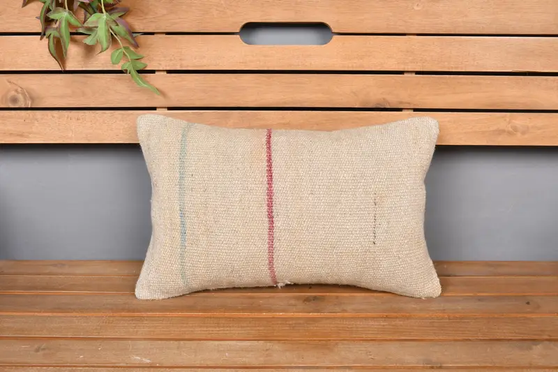 Antique Pillows, Vintage Kilim Throw Pillow, Boho Pillow, Handmade Cushion Cover, 12x20 Beige Cushion, Cozy Throw Pillow Sham, Pillow Sham - 6