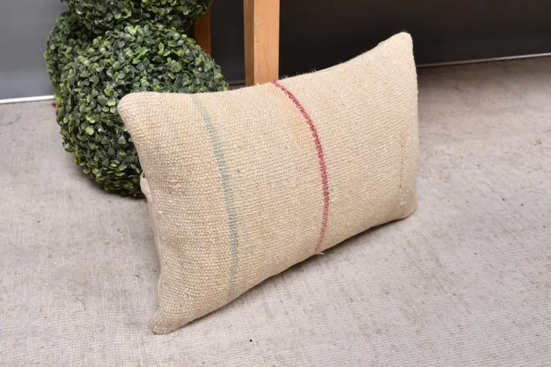 Antique Pillows, Vintage Kilim Throw Pillow, Boho Pillow, Handmade Cushion Cover, 12x20 Beige Cushion, Cozy Throw Pillow Sham, Pillow Sham - 7