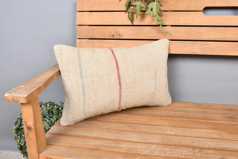 Antique Pillows, Vintage Kilim Throw Pillow, Boho Pillow, Handmade Cushion Cover, 12x20 Beige Cushion, Cozy Throw Pillow Sham, Pillow Sham - 1