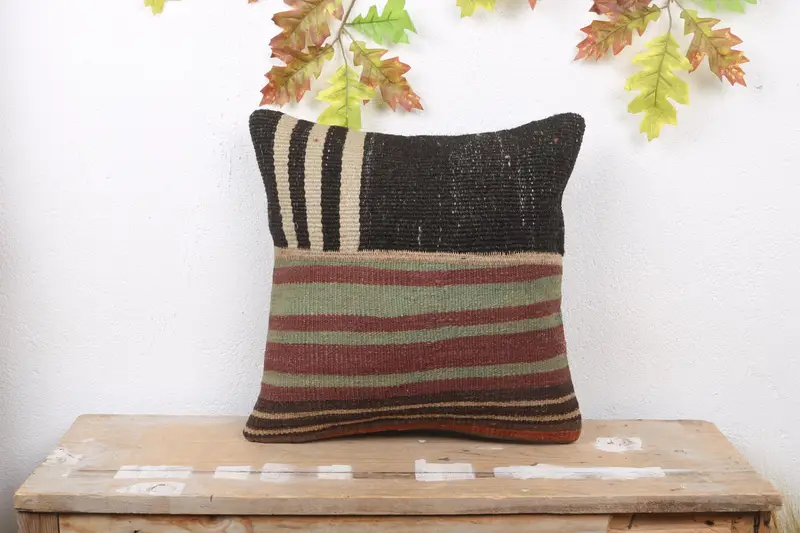 Brown & Red Patchwork Throw Pillow, 16x16 Embroidered Cushion