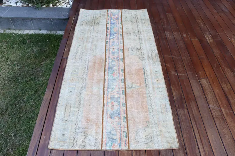 手作りのオレンジとブルーのラグ、鮮やかな 3x6 フィートの水玉模様