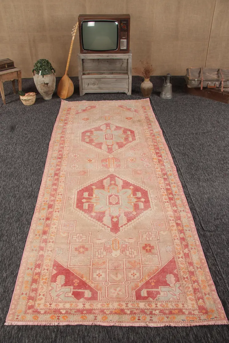 4.3x10.8 ft Oushak Rug, Turkish Vintage Rug, Red Gray Striped Rug - 1