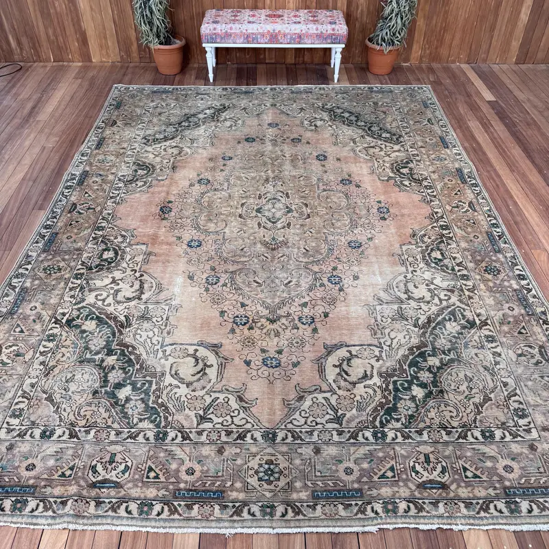 Vintage Büyük Boy Halı 9,4x12,2 ft, Mavi Kahverengi Bitkiler ve ağaçlar Halı Yün - 1