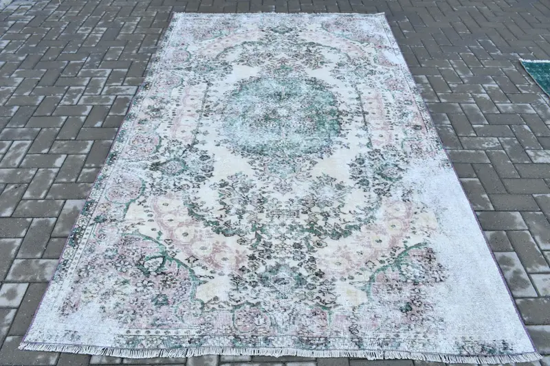 Vintage Türk Halısı 5.4x8.7 ft, Yeşil Oushak İkat Halı - 1