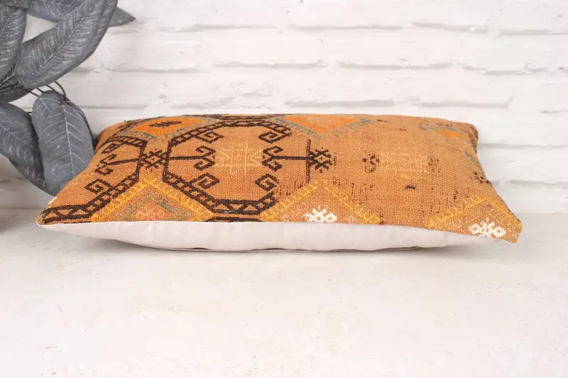 Boho Pillow, Handmade Throw Cushion Cover, Turkish Kilim Pillow, Pillow Case, Boho Pillow Sham Cover, Rustic Pillow Sham, 10x20 Orange Cushion - 5