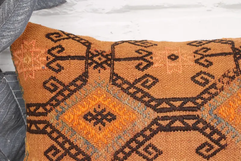 Boho Pillow, Handmade Throw Cushion Cover, Turkish Kilim Pillow, Pillow Case, Boho Pillow Sham Cover, Rustic Pillow Sham, 10x20 Orange Cushion - 2