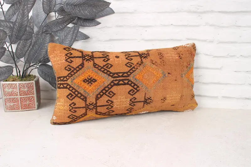 Boho Pillow, Handmade Throw Cushion Cover, Turkish Kilim Pillow, Pillow Case, Boho Pillow Sham Cover, Rustic Pillow Sham, 10x20 Orange Cushion - 3