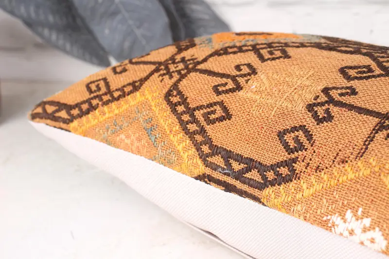 Boho Pillow, Handmade Throw Cushion Cover, Turkish Kilim Pillow, Pillow Case, Boho Pillow Sham Cover, Rustic Pillow Sham, 10x20 Orange Cushion - 6