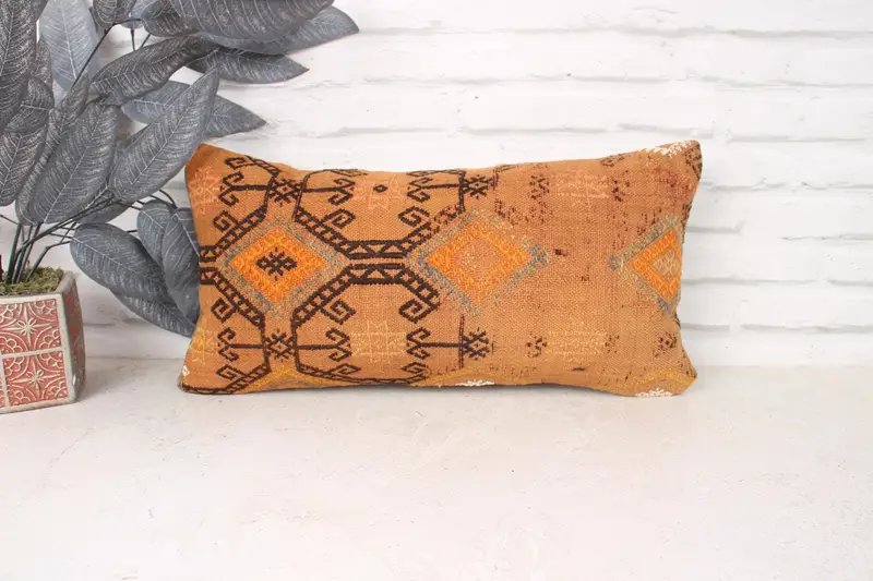 Boho Pillow, Handmade Throw Cushion Cover, Turkish Kilim Pillow, Pillow Case, Boho Pillow Sham Cover, Rustic Pillow Sham, 10x20 Orange Cushion - 1