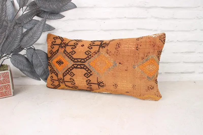 Boho Pillow, Handmade Throw Cushion Cover, Turkish Kilim Pillow, Pillow Case, Boho Pillow Sham Cover, Rustic Pillow Sham, 10x20 Orange Cushion - 4