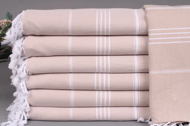 Wholesale Beige Striped Blanket, Turkish Cotton Throw, 63x87 Inches