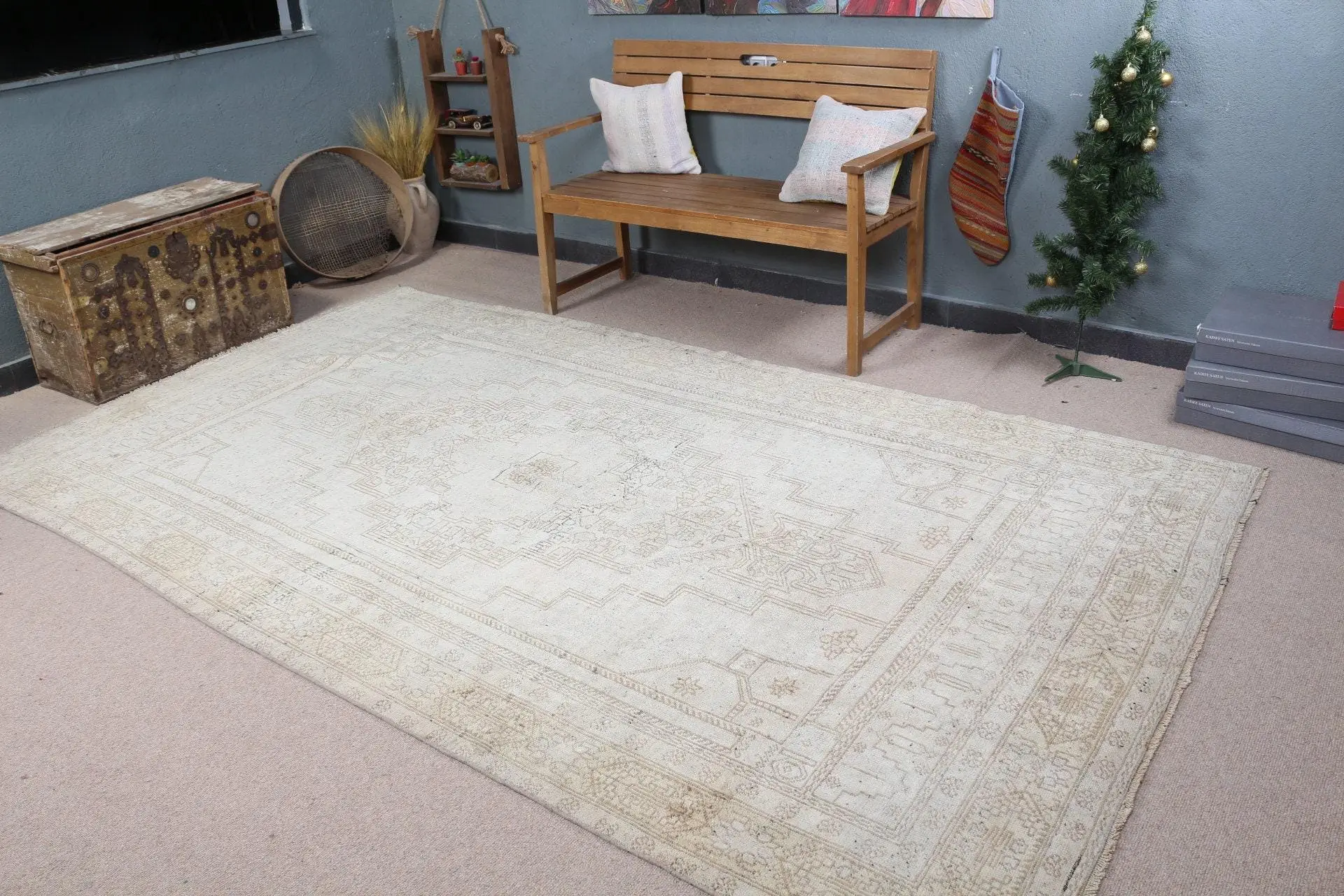 Türk Halısı 6x10,5 ft (183x320 cm), Beyaz Güneybatı Vintage Halı - 1