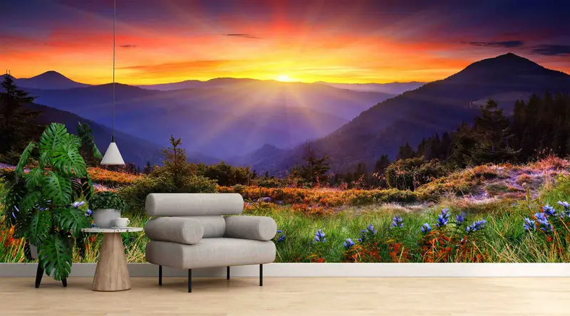 Baskılı Gündoğumu Görünümü Duvar Kağıdı: Doğanın Renkli Dağ Manzarası