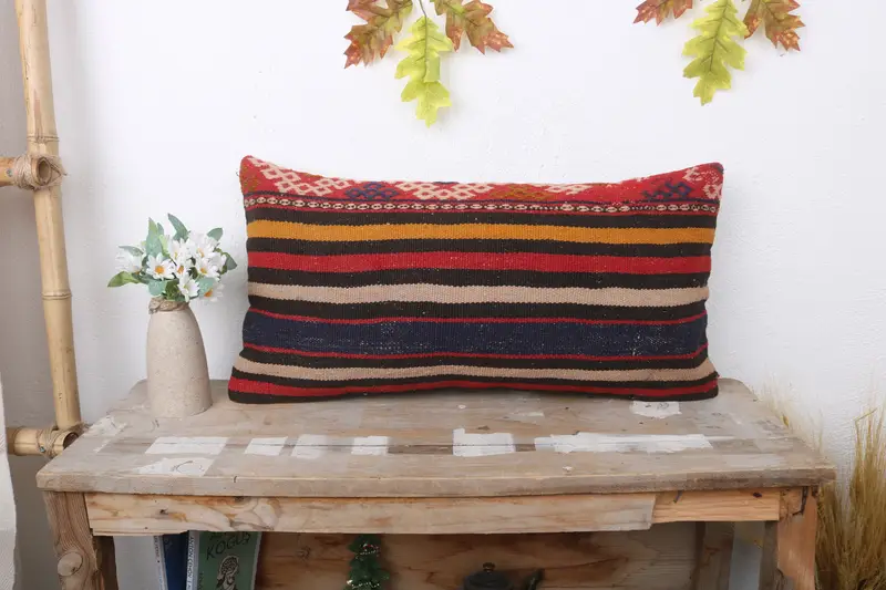 Pillow, Vintage Kilim Throw Pillow, Ottoman Cushion, Bed Pillow Cover, Home Decor Pillow, 12x24 Brown Pillow Sham, Boho Pillow Sham Cover - 1