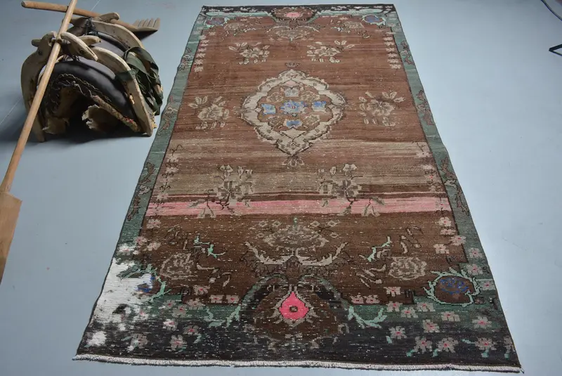 4.5x8.8 ft Vintage Oushak Rug, Brown Floral Turkish Wool Rug - 1