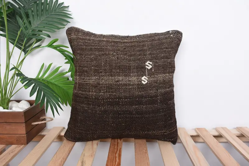 Bed Pillow Cover, Cushion, Vintage Kilim Pillow, 18x18 Brown Cushion, Gift Pillow, Sofa Bolster Pillow Sham, Interior Designer Pillow - 1