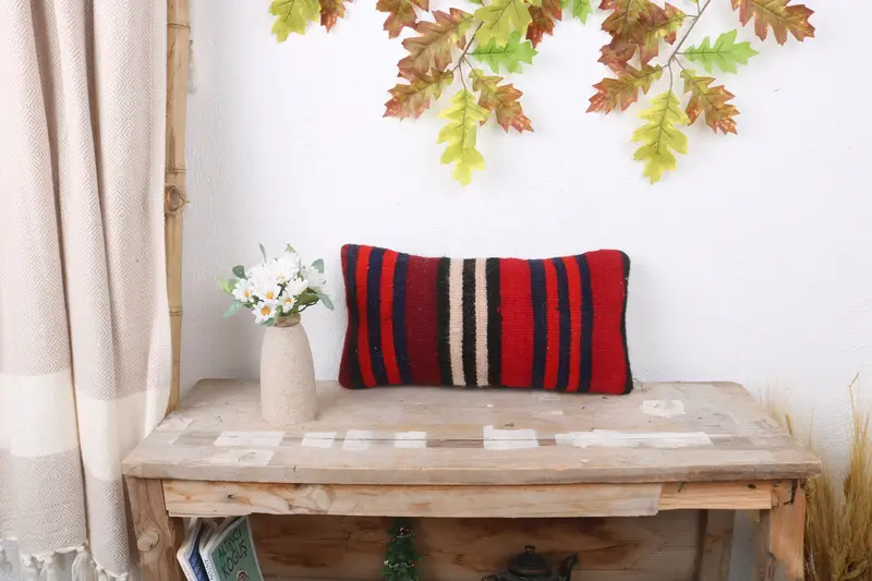 Ethnical Kilim Rug Pillow, Cushion Cover, Vintage Kilim Throw Pillow, Kilim Cushion Sham, 8x16 Red Pillow Case, Aztec Pillow Case - 1