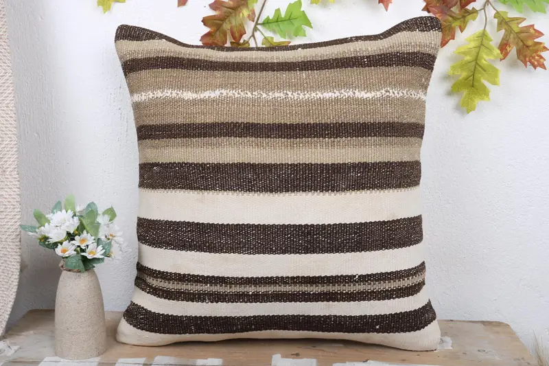 Throw Kilim Pillow, Garden Cushion, Pillow Case, Boho Pillow Sham Cover, Natural Pillow Cover, 20x20 Brown Pillow, Vintage Pillow - 2