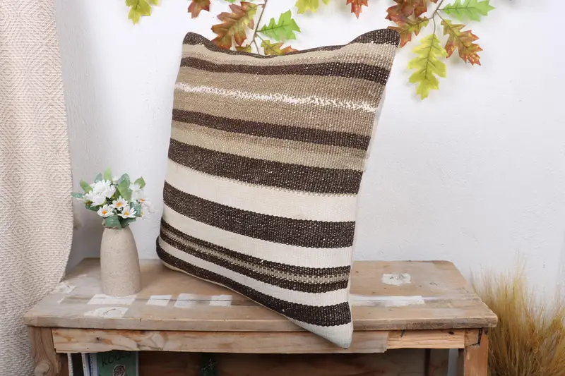 Throw Kilim Pillow, Garden Cushion, Pillow Case, Boho Pillow Sham Cover, Natural Pillow Cover, 20x20 Brown Pillow, Vintage Pillow - 4