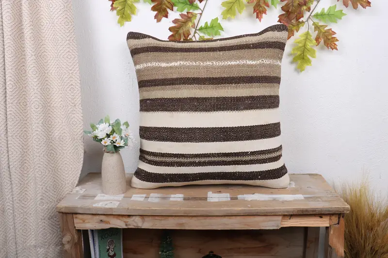 Throw Kilim Pillow, Garden Cushion, Pillow Case, Boho Pillow Sham Cover, Natural Pillow Cover, 20x20 Brown Pillow, Vintage Pillow - 1