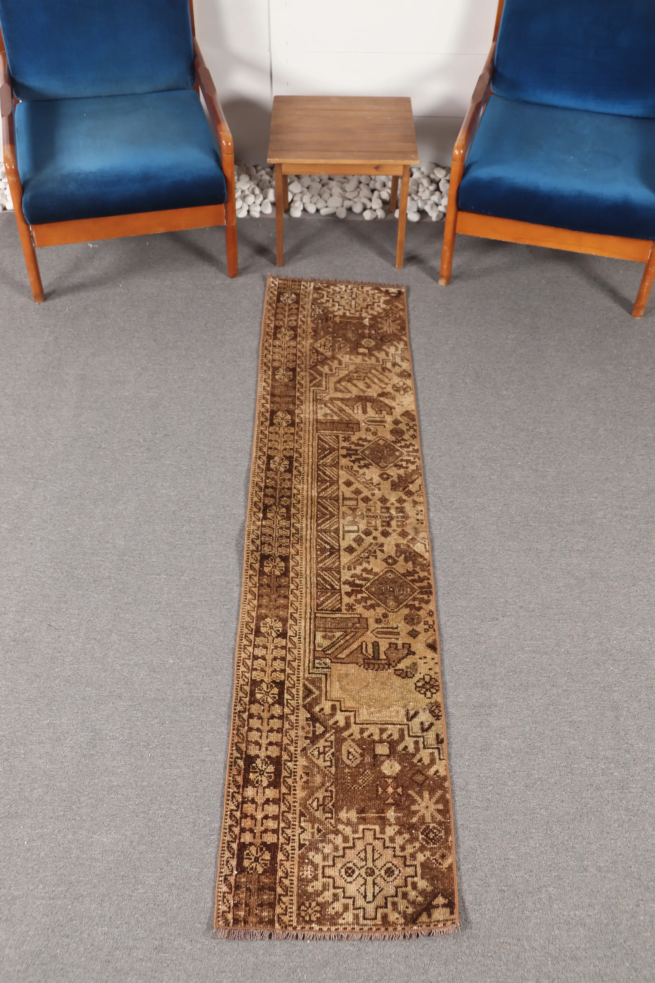 1.5x7 ft Vintage Small Rug, Turkish Brown Geometric Rug - 1