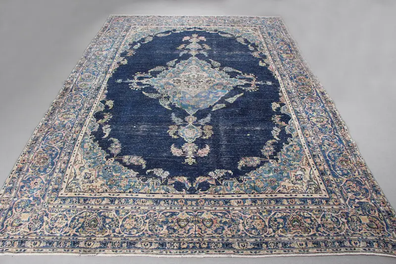 Teppich in Blau und Beige, 9,2 x 13,5 Fuß, geometrisches Blumenmuster