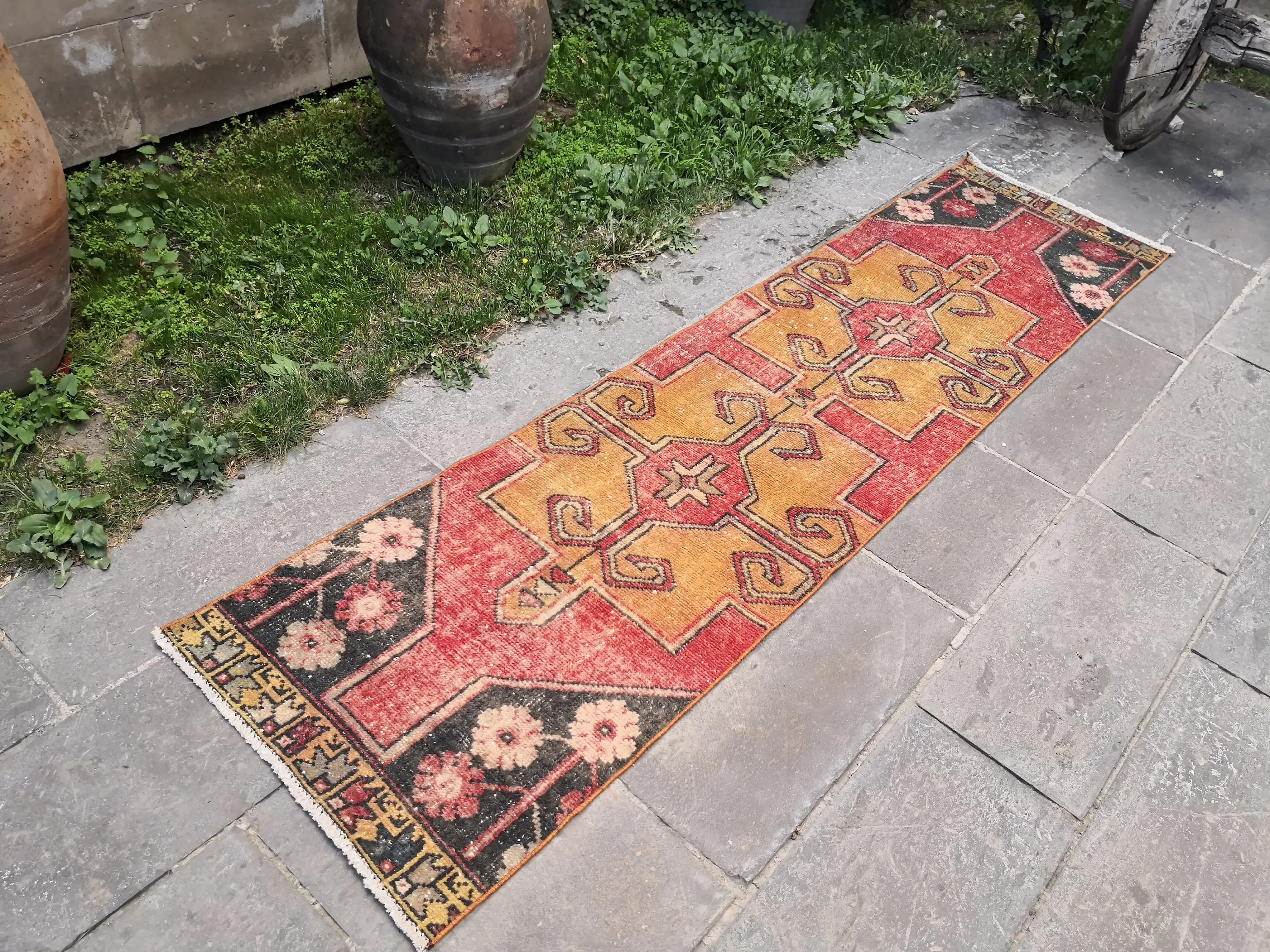 Turkish Vintage Rug, 2.1x8.3 ft Runner Rug, Red Yellow Oriental Rug - 1