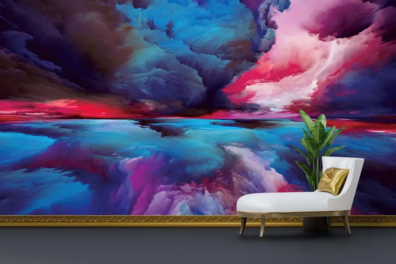 Contemporary Blue & Pink Abstract Clouds Printed Wallpaper