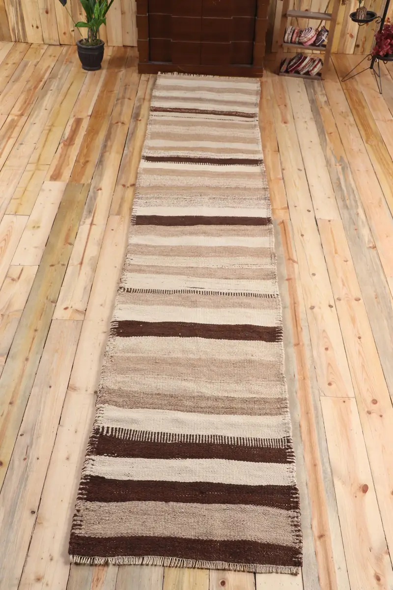 Vintage Turkish Rug, Runner 2.5x12.8 ft (75x390 cm) Rug, Brown Paisley Wool Rug - 1